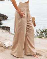 Cotton Linen Solid Color Elastic Waist Wide Leg Pants Casual Pants Trousers